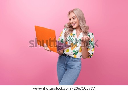 Portrait of clever friendly nice woman with wavy hairstyle wear stylish shirt talk on laptop webcam isolated on pink color background