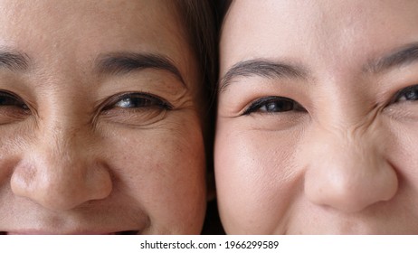 Portrait Close Up Attractive Beautiful Two Asian People Half Face Cheek Smile To Camera Authentic Real Family Mum And Adult Kid In Woman Power, Diverse People, Genes Genetics Ginger Skincare Concept.