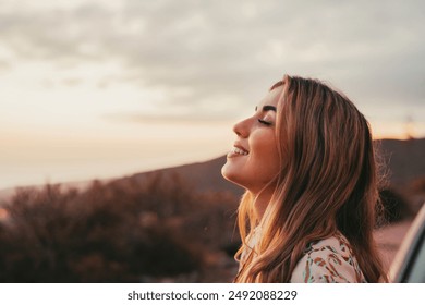 Portrait close up of face of one young beautiful woman smiling with closed eyes enjoying freedom sensation emotion. Teen cheerful young female outdoors having fun. - Powered by Shutterstock