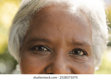 Portrait close up of happy senior biracial woman smiling in sunny garden at home. Happiness, nature, wellbeing, summer and senior lifestyle, unaltered. - Powered by Shutterstock