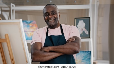 Portrait Close Up Male Happy Old 50s Painter Art Teacher African American Happy Elder Senior Middle-aged Man Artist Talented Designer Creator Posing Crossing Arms Art Studio Finishing Drawing Pictures