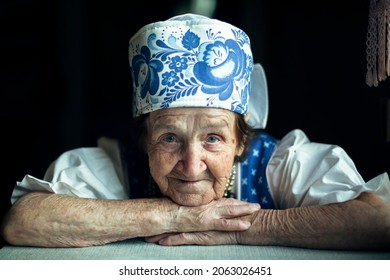 Portrait Closeup Of An Elderly Woman In Ethnic Eastern European.