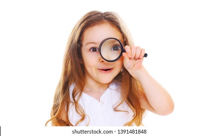 Portrait Close-up Little Girl Child Looking Through Magnifying Glass Isolated On White Background