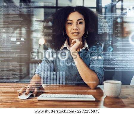 Portrait, coder and woman with hologram, big data and programming with cyber security, metaverse and information. Face, female employee and programmer with analysis, future planning and technology