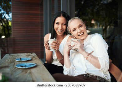 Portrait, coffee and friends in cafe, smile and bonding of women, laughing and happy to relax in weekend. Customer, enjoy and girls with beverage for conversation, morning and break for students - Powered by Shutterstock