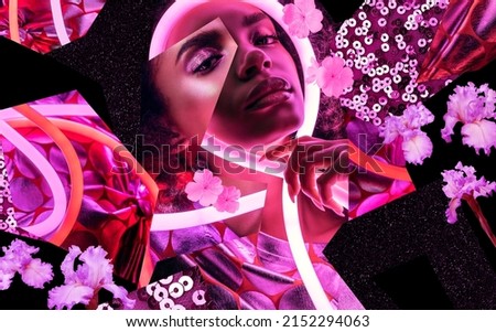 Portrait collage of african woman with pink neon light and flowers around face. Pink and red flexible neon light tubes