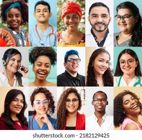 Portrait Collage Of People Of Different Ethnicities, Different Ages And Genders, Latin American Ethnic Diversity Concept.