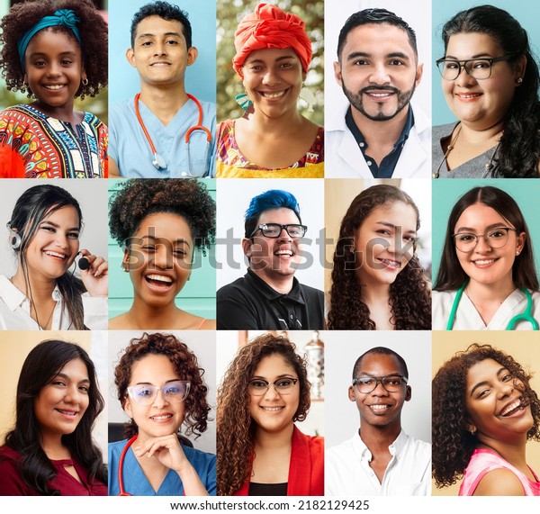 Portrait collage of people of different\
ethnicities, different ages and genders, Latin American ethnic\
diversity concept.