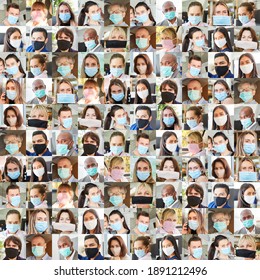 Portrait Collage Of People With Face Masks In Everyday Life During Covid-19 Pandemic