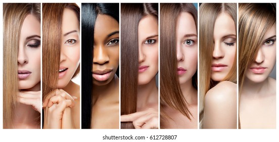 Portrait collage of women with various hair color skin tone and complexion