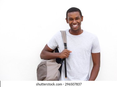 Portrait Of A College Student Smiling With Bag On White Background