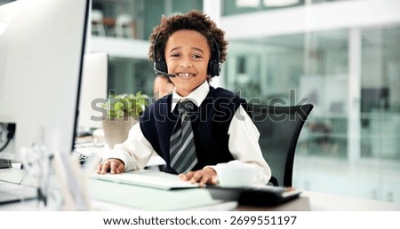 Portrait, computer or boy with headset in office, business professional cosplay or customer care career. Typing, tech support dressup or child with virtual assistant costume, hotline agent and kids