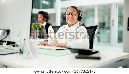 Portrait, computer or child with headset in office, business professional cosplay or customer care. Pretend typing, tech support dressup or girl with virtual assistant costume, hotline agent and kids