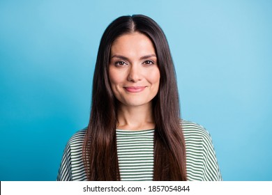 Portrait Of Concentrated Person Smile Look Camera Wear White Green Stripes Isolated On Blue Color Background