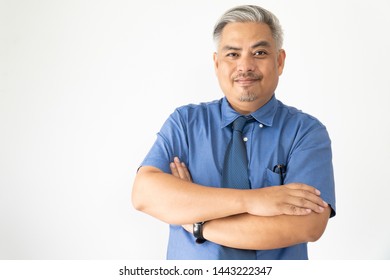 Portrait Confident Asian Business Man Wearing Glasses And Short Sleeve Shirt Smiling On White Background