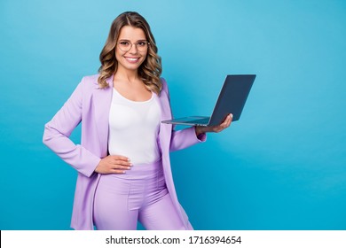 Portrait Of Confident Cool Smart Lawyer Attorney Girl Chief Hold Laptop Ready Watch Seminar Workshop Training Coaching Wear Violet Blazer Jacket Isolated Over Blue Color Background