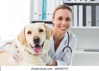 Portrait Of Confident Female Veterinarian With Dog In Clinic