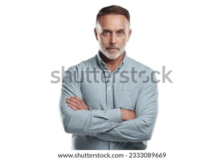 Portrait of confident man with arms crossed and serious face isolated on transparent png background. Confidence, pride and mature businessman as proud and professional business owner as a CEO