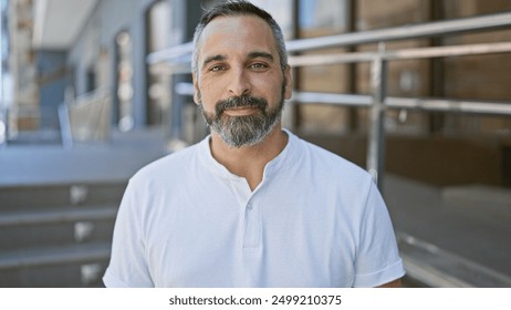 Portrait of a confident, mature hispanic man with a grey beard, posing on an urban street. - Powered by Shutterstock