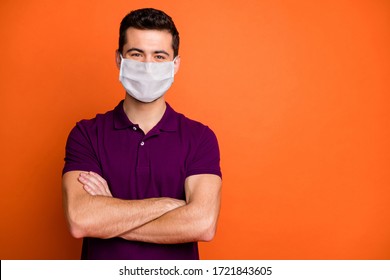 Portrait Of Confident Positive Guy Cross Hands Ready Stop Covid-19 Infection Spread Wear Violet Clothing Medical Mask Isolated Over Bright Shine Color Background