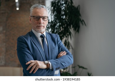 Portrait of confident senior businessman with arms crossed looking at camera standing in modern office. Successful business concept 
