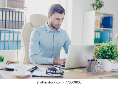 Portrait Of Confident Serious Concentrated Hardworking Busy Wearing Formal Clothes System Administrator, He Is Updating Software On Modern Laptop In Office