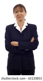 Portrait Of A Confident And Serious Looking Senior Asian Business Woman With Arms Folded Isolated Over White Background