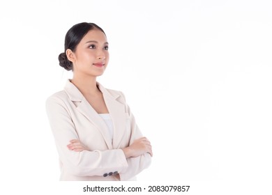 Portrait Confident Young Attractive Business Asian Woman. Confident Young Manager Wearing Suit Looking Friendly And Smiling Isolated On White Background. Business Woman Concept.