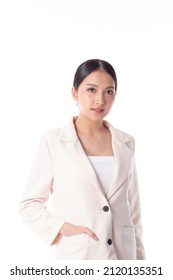 Portrait Confident Young Attractive Business Asian Woman. Confident Young Manager Wearing Suit Looking Friendly And Smiling Isolated On White Background. Business Woman Concept.