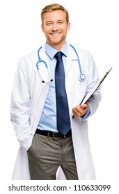 Portrait of confident young medical doctor on white background