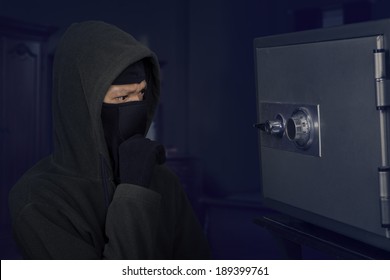 Portrait Of Confused Robber Thinking The Lock Code