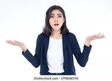 Portrait Of Confused And Shocked Young Asian Business Woman  Shrugging Feel Baffled Looking At Camera Isolated On White Background. Doubt Concept.