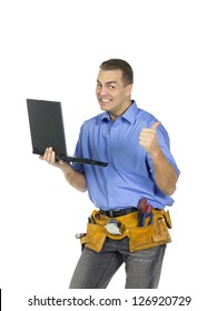 Portrait of construction worker smiling while holding a laptop isolated on white background - Shutterstock ID 126920729