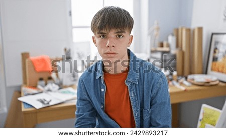 Portrait of a contemplative young caucasian male teenager in a denim jacket, set in a casual art studio environment.