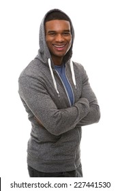 Portrait Of A Cool Young Guy With Hooded Sweatshirt Smiling With Arms Crossed On Isolated White Background