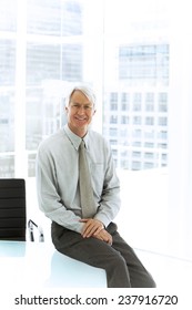 Portrait Of A Corporate Chief Executive Officer Sitting On Board Room Table