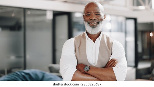 Portrait, corporate and senior man with arms crossed, smile and formal in a workplace, career and executive consultant. Face, African person or entrepreneur with a small business, professional or ceo - Powered by Shutterstock