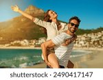 Portrait, couple and piggyback on beach for love, commitment and bonding on summer vacation for honeymoon. Man, woman and freedom by ocean for romantic holiday, affection and weekend with embrace.