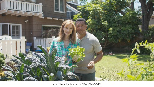 Portrait of couple in their backyard smiling at camera and holding basil plant and gardening tools. Happy African American and Caucasian husband and wife outside at home - Powered by Shutterstock