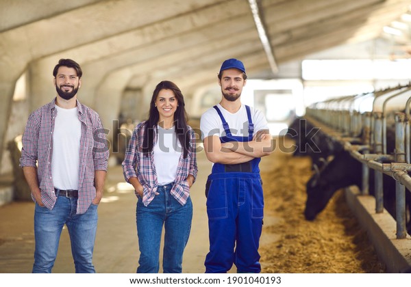 Portrait of a couple of young farmers people\
together with a farm worker in a cowshed. Female and male farmers\
with a technician worker posing near cows in a modern farm looking\
at the camera.