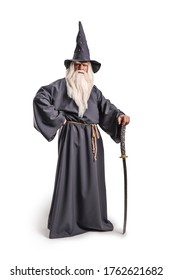 Portrait Of A Courageous And Brutal, Majestic Old Man, Wizard, Sorcerer With Gray Hair, A Mustache And A Beard, In A Gray And Dark Robe, On A White Background And With Cold Steel, A Saber, A Katana.