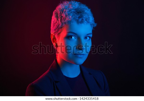 Portrait Courageous Woman Short Haircut Neon Stock Image