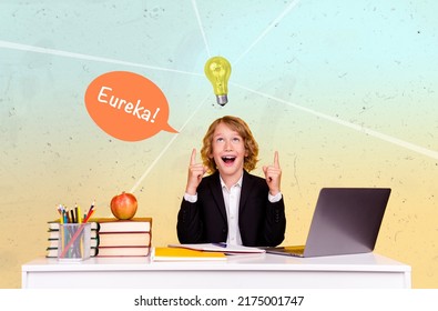 Portrait Of Crazy Funny Boy Prepare Homework Point Fingers Light Bulb Brilliant Idea Say Eureka Isolated On Drawing Background