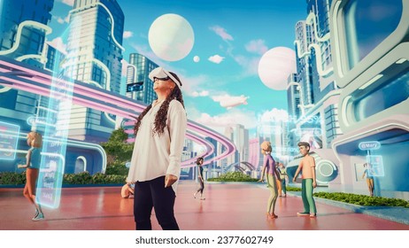 Portrait of a Creative Black Female Wearing a Virtual Reality Headset in a Digital Studio. African American Woman Walking in 3D Digital VR World with Online Users Playing a Social Network Game. - Powered by Shutterstock