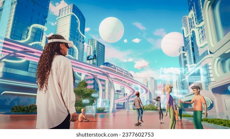 Portrait of a Creative Black Female Wearing a Virtual Reality Headset in a Digital Studio. African American Woman Exploring a 3D Digital VR World with Online Users Playing Social Network Game. - Powered by Shutterstock