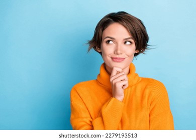 Portrait of creative gorgeous person arm touch chin look empty space brainstorming isolated on blue color background - Shutterstock ID 2279193513