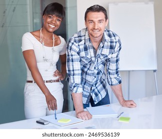 Portrait, creative team and happy business people at table in meeting together, cooperation or collaboration in startup. Smile, designers and diversity, brainstorming picture or photograph in office - Powered by Shutterstock