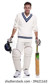 Portrait of a cricket player, studio shot on a white background.