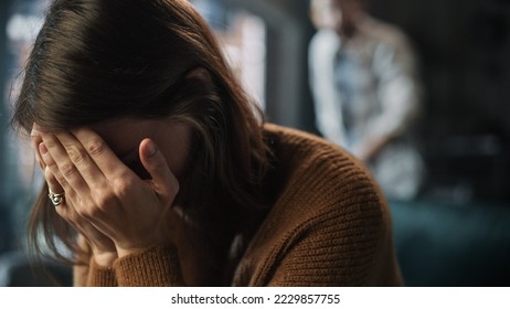 Portrait of Crying Woman Covering Her Face with Hands, being Harrased and Bullied by Violent Partner. Couple Arguing, Fighting, Domestic Abuse, Toxic Masculinity. Rack Focus with Boyfriend Screaming - Shutterstock ID 2229857755