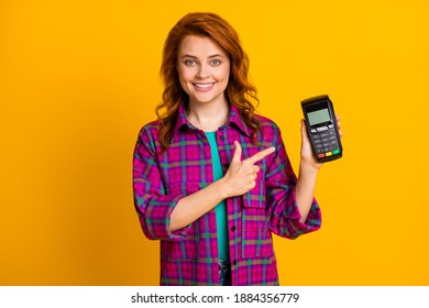 Portrait of curly hairstyle lady direct finger terminal wear checkered purple isolated on yellow color background - Shutterstock ID 1884356779